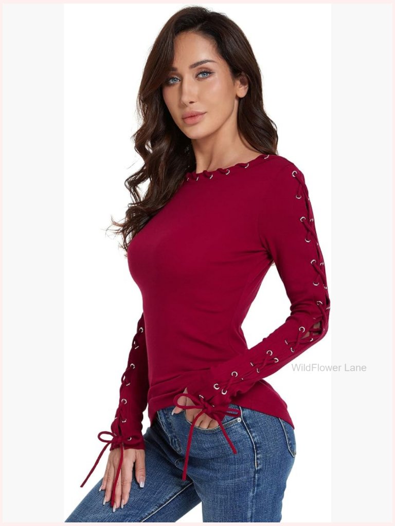 Women Boatneck Lace Up Trim Long Sleeve Blouse Fitted Silhouette